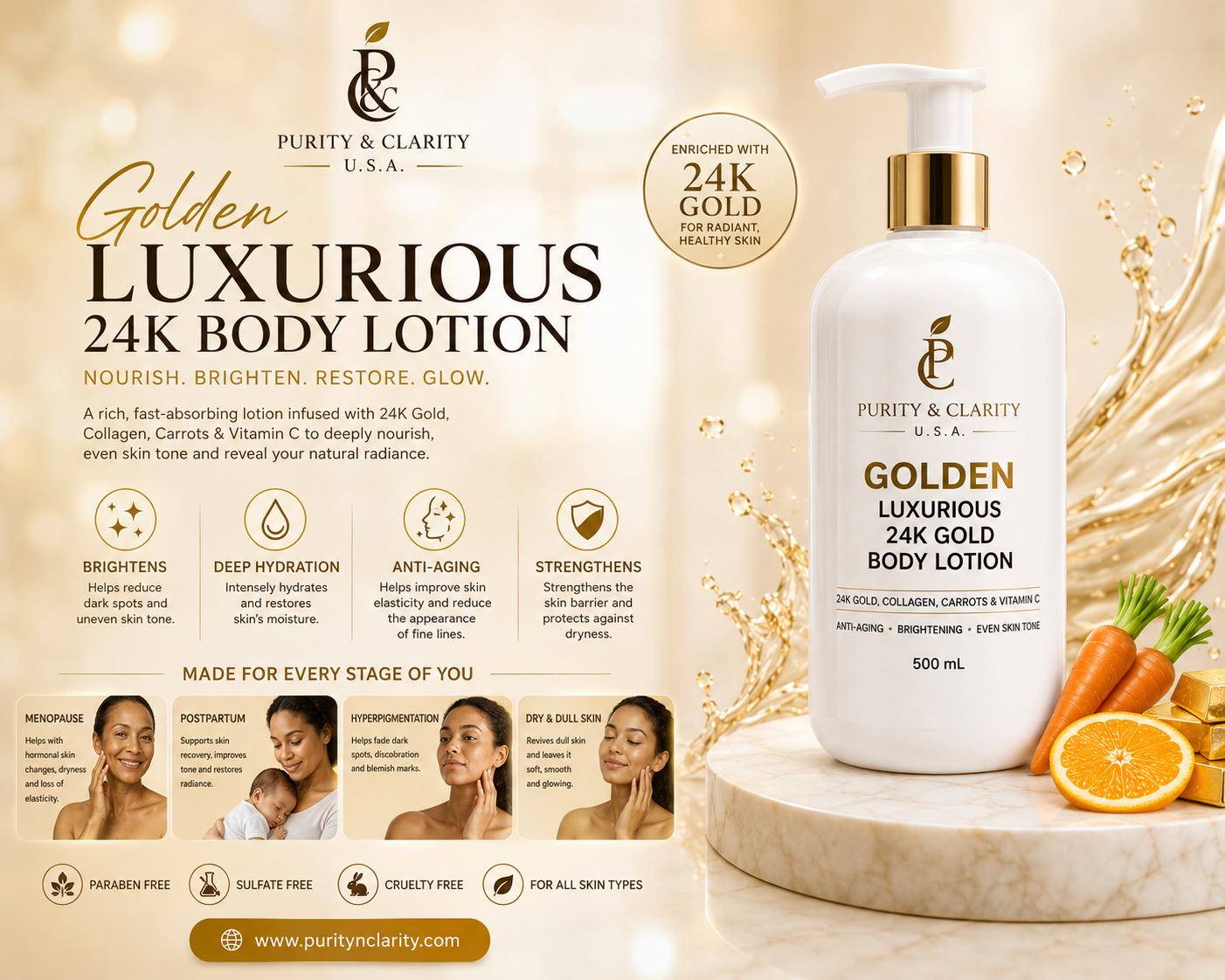 Golden Luxurious 24K Gold Body Lotion – Hydrate • Brighten • Renew | Luxury Body Lotion for Dry, Dull, Uneven & Mature Skin