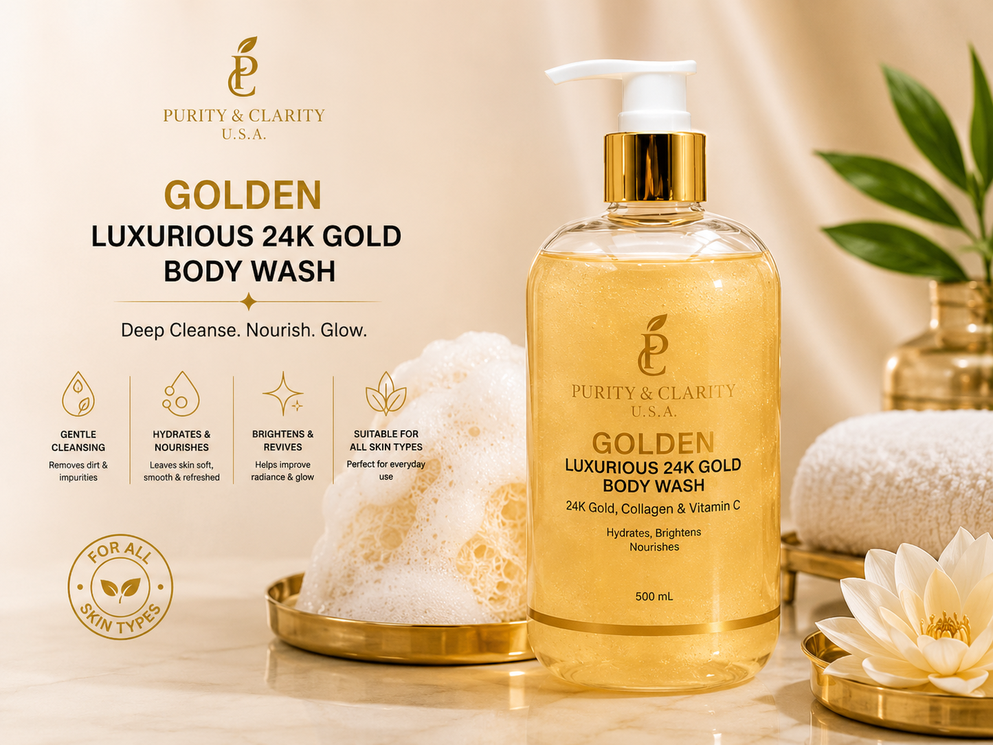 Golden Luxurious 24K Gold Collection Set – Face & Body Ritual (6 Items) Best Value.Complete Routine