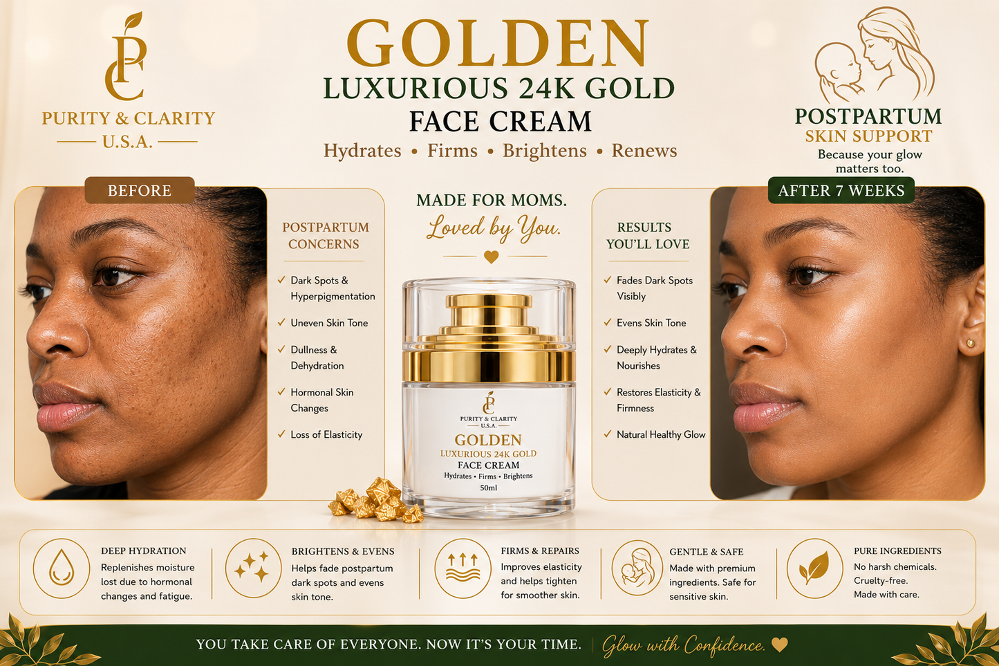 Golden Luxurious 24K Gold Face Cream – Brighten • Hydrate • Firm • Renew | Luxury Face Cream for Dark Spots, Uneven Tone, Dry & Mature Skin
