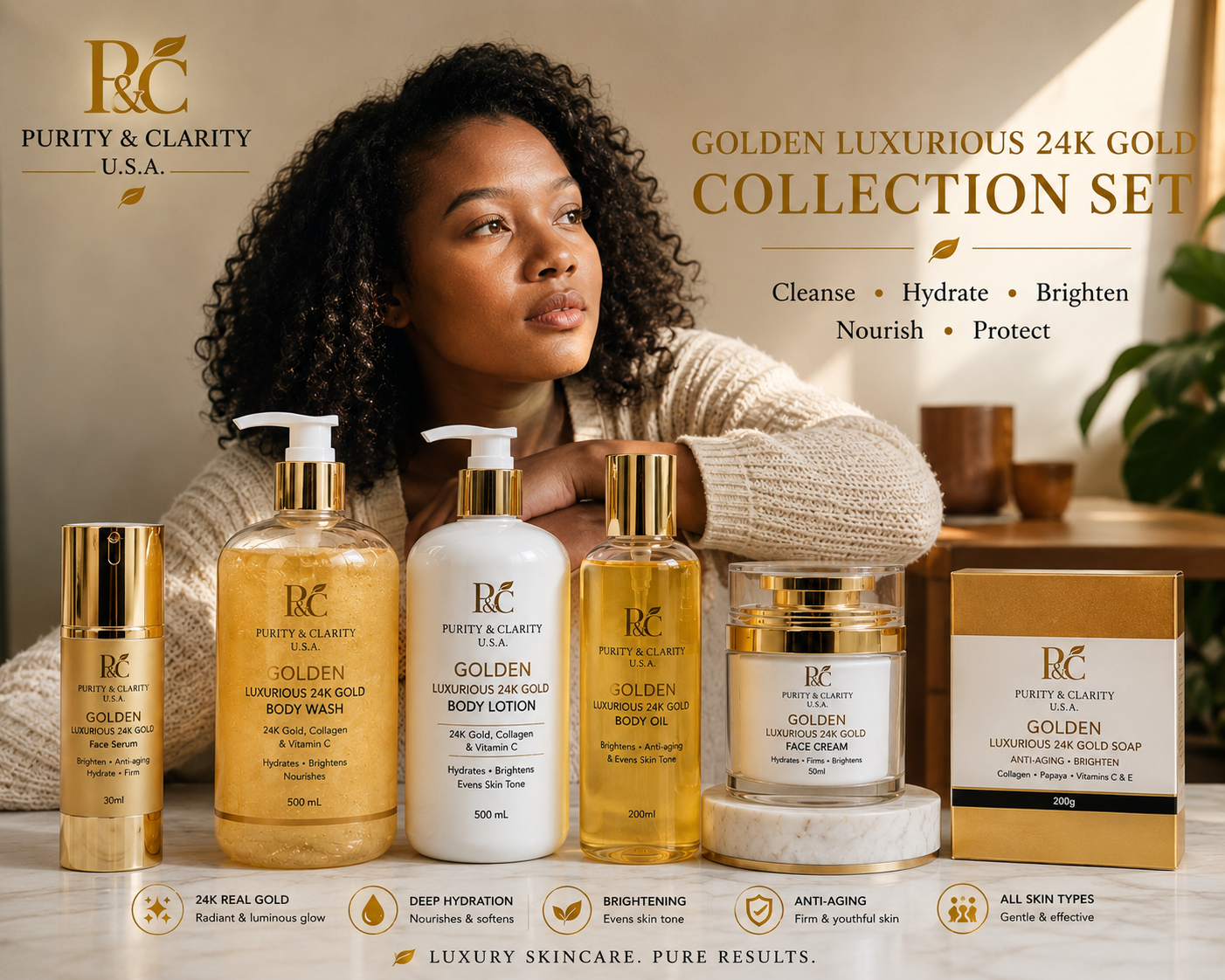 Golden Luxurious 24K Gold Collection Set – Face & Body Ritual (6 Items) Best Value.Complete Routine