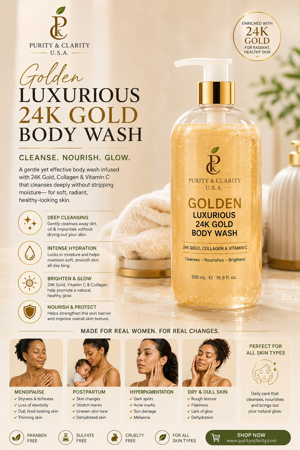 Golden Luxurious 24K Gold Body Wash – Purify • Hydrate • Restore • Glow | Luxury Hydrating Body Wash for Dry, Dull & Mature Skin