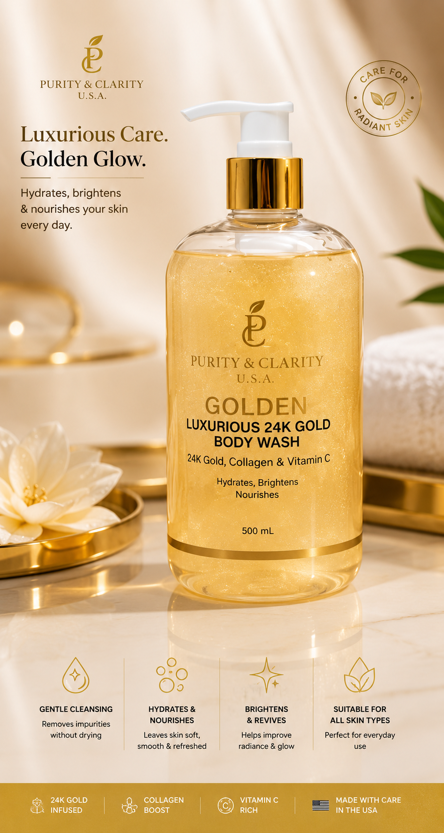Golden Luxurious 24K Gold Body Wash – Purify • Hydrate • Restore • Glow | Luxury Hydrating Body Wash for Dry, Dull & Mature Skin