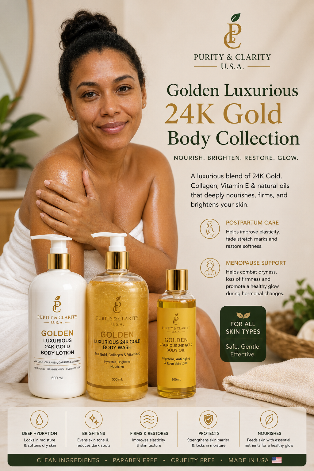 Goldenes luxuriöses 24-Karat-Gold-Körperpflegeset – Reinigen • Hydratisieren • Strahlen 